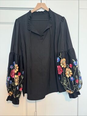 Black Embroidered Balloon Sleeve Women's Top